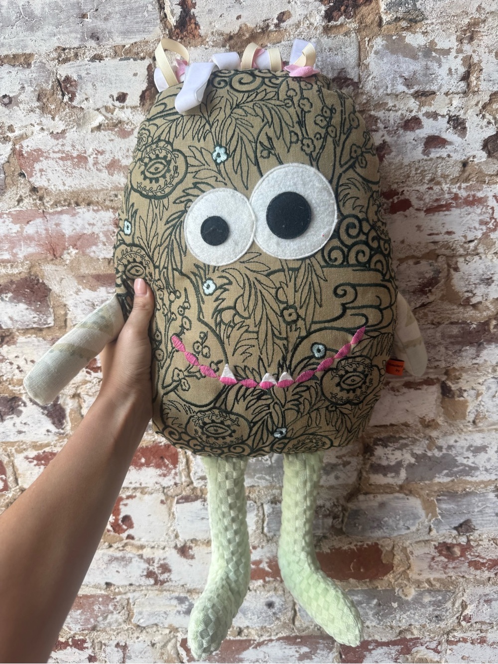 Whimsical Floral Monster Plush — Olive Green with Pink Accents